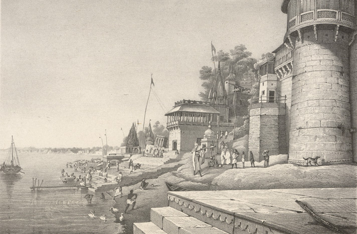 Ghoosla Ghat Benares Lithograph based on Prinsep's original sketches (Sourced from British Library)